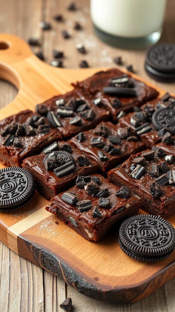 Delicious Oreo cookie brownies cut into squares on a wooden board, garnished with Oreo cookies and a glass of milk.
